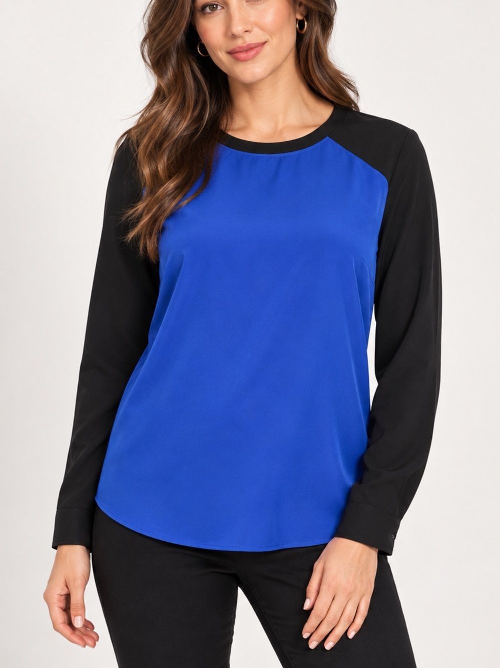 Anne Klein Blue and Black Long-Sleeve Contrast Top
